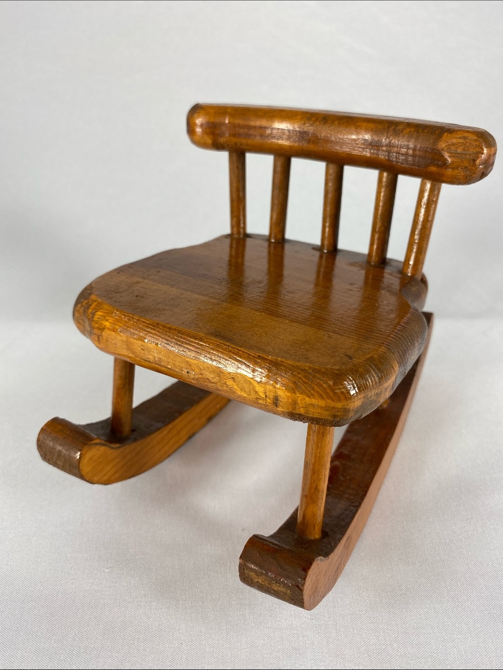 Vintage Wooden Doll Rocking Chair Miniature Spindle Back Teddy Bear Rocker 5"